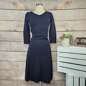 Talbots XS Navy Blue Knit Dress 3/4 Sleeve V-Neck Fit & Flare Career